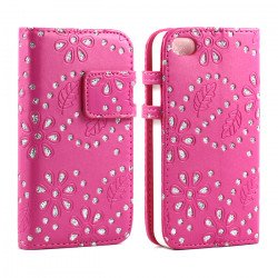 iPhone 4S 4 Diamond Flip Leather Wallet Case (Hot-Pink)